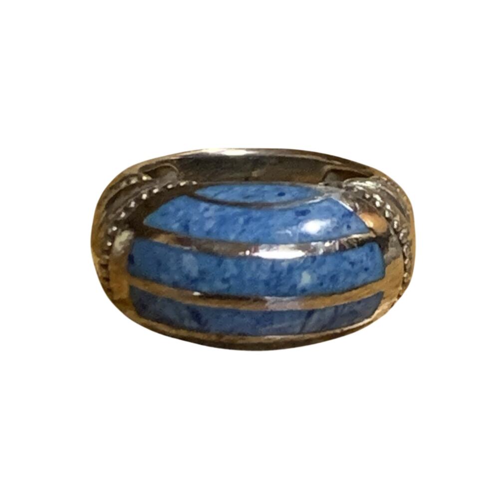 Sterling Silver and Sodalite Inlayed Dome Ring Size 6.25 Vintage Signed SD